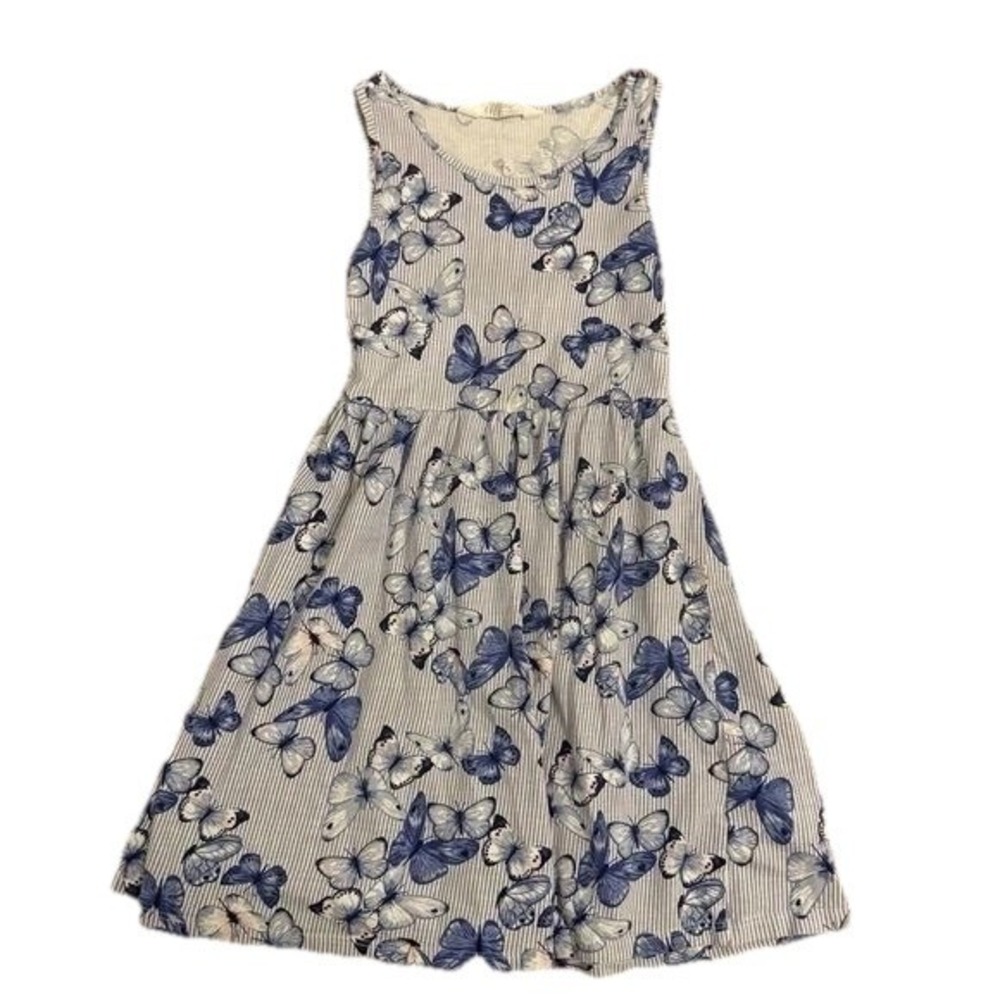 H&M Butterfly Stripe Dress Girls Size 6-8Y Blue White Cotton Sleeveless Skater‎